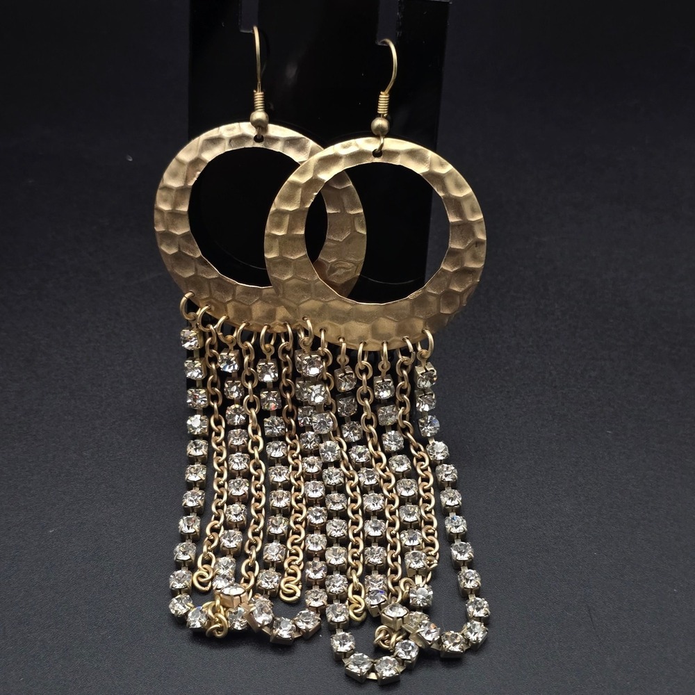 Hammered Gold Tone Rhinestone Earrings Dangle Chain